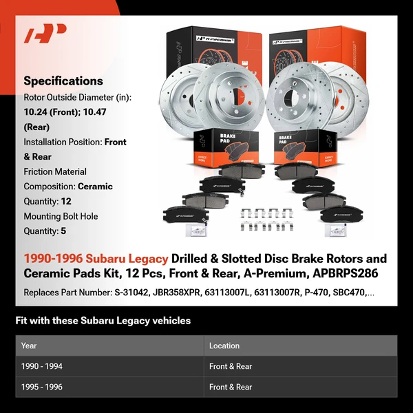 1990-1996 Subaru Legacy Drilled & Slotted Disc Brake Rotors and Ceramic Pads Kit, 12 Pcs, Front & Rear, A-Premium, APBRPS286