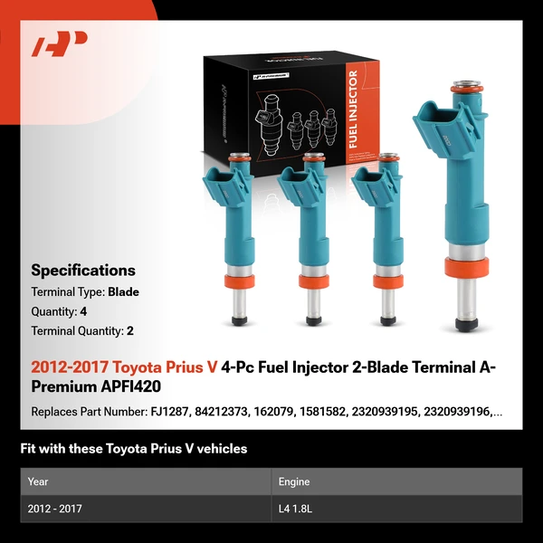 2012-2017 Toyota Prius V 4-Pc Fuel Injector 2-Blade Terminal A-Premium APFI420