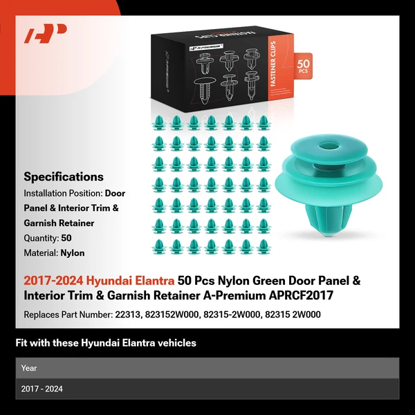 2017-2024 Hyundai Elantra 50 Pcs Nylon Green Door Panel & Interior Trim & Garnish Retainer A-Premium APRCF2017