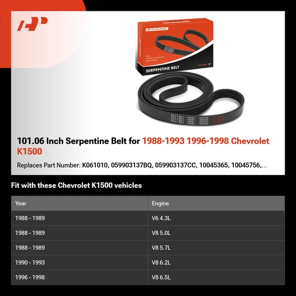 101.06 Inch Serpentine Belt for 1988-1993 1996-1998 Chevrolet K1500