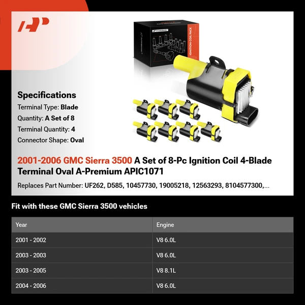 2001-2006 GMC Sierra 3500 A Set of 8-Pc Ignition Coil 4-Blade Terminal Oval A-Premium APIC1071