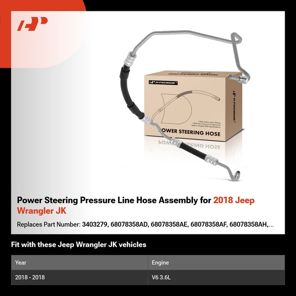 Power Steering Pressure Line Hose Assembly for 2018 Jeep Wrangler JK