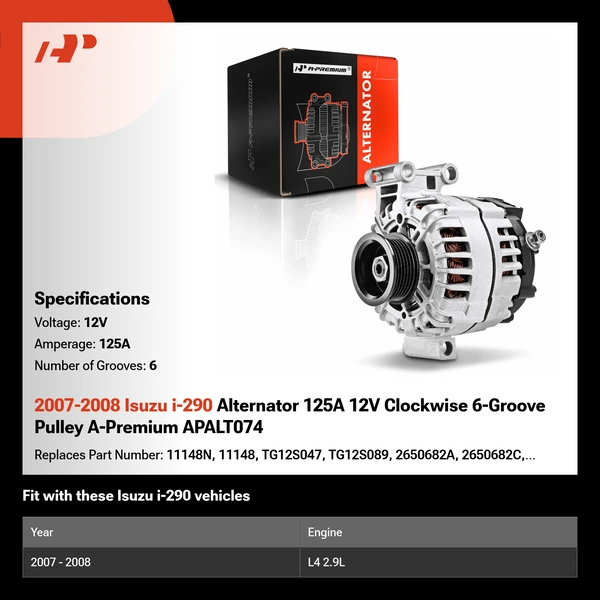 2007-2008 Isuzu i-290 Alternator 125A 12V Clockwise 6-Groove Pulley A-Premium APALT074