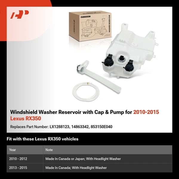 Windshield Washer Reservoir with Cap & Pump for 2010-2015 Lexus RX350