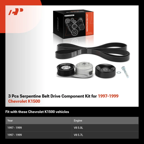 3 Pcs Serpentine Belt Drive Component Kit for 1997-1999 Chevrolet K1500