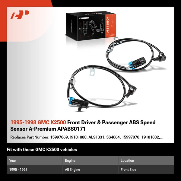 1995-1998 GMC K2500 Front Driver & Passenger ABS Speed Sensor A-Premium APABS0171