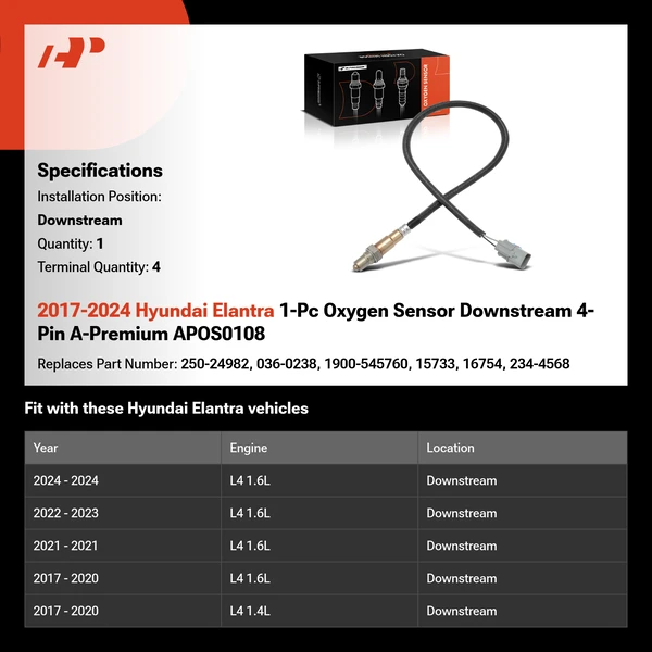 2017-2024 Hyundai Elantra 1-Pc Oxygen Sensor Downstream 4-Pin A-Premium APOS0108