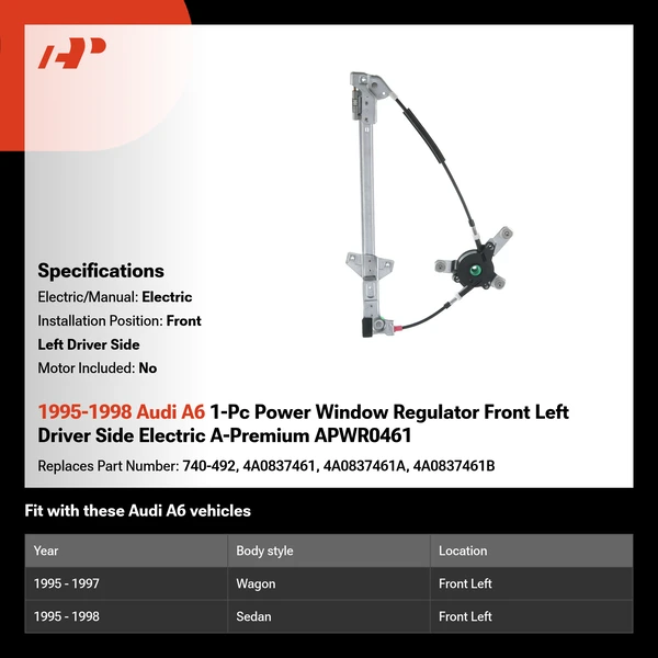 1995-1998 Audi A6 1-Pc Power Window Regulator Front Left Driver Side Electric A-Premium APWR0461