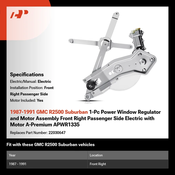 1987-1991 GMC R2500 Suburban 1-Pc Power Window Regulator and Motor Assembly Front Right Passenger Side Electric with Motor A-Premium APWR1335