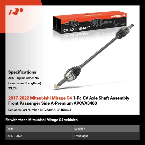 2017-2022 Mitsubishi Mirage G4 1-Pc CV Axle Shaft Assembly Front Passenger Side A-Premium APCVA3408