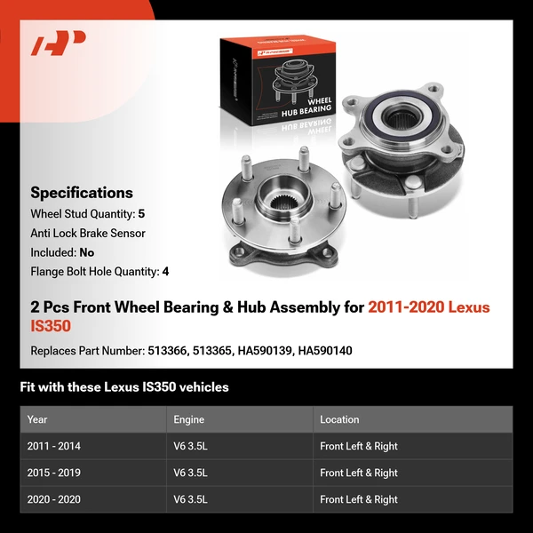 2 Pcs Front Wheel Bearing & Hub Assembly for 2011-2020 Lexus IS350