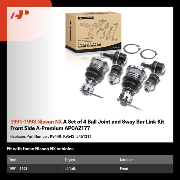 1991-1993 Nissan NX A Set of 4 Ball Joint and Sway Bar Link Kit Front Side A-Premium APCA2177