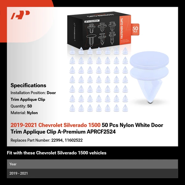 2019-2021 Chevrolet Silverado 1500 50 Pcs Nylon White Door Trim Applique Clip A-Premium APRCF2524