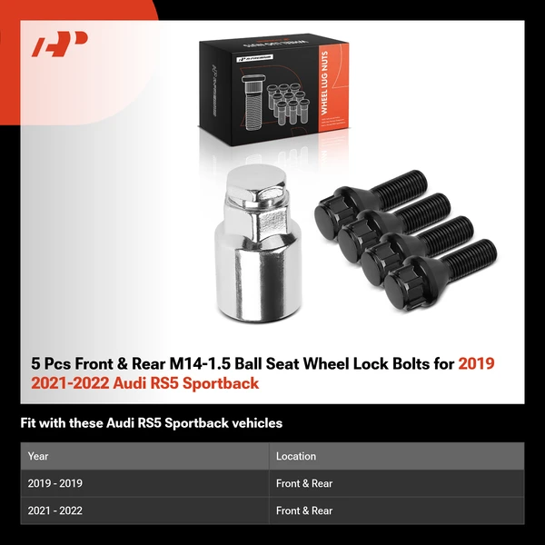 5 Pcs Front & Rear M14-1.5 Ball Seat Wheel Lock Bolts for 2019 2021-2022 Audi RS5 Sportback