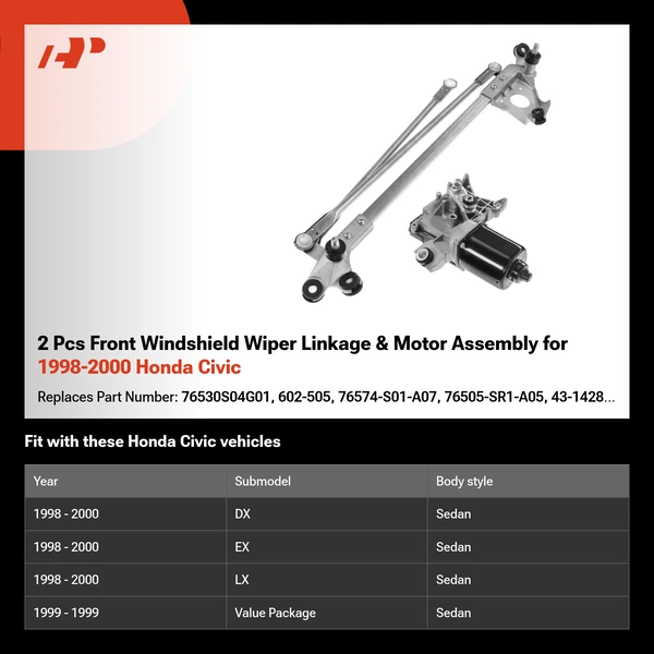 2 Pcs Front Windshield Wiper Linkage & Motor Assembly for 1998-2000 Honda Civic