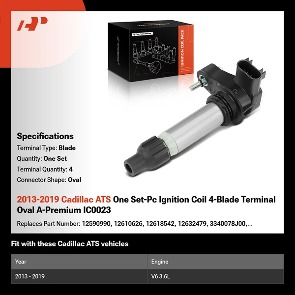 2013-2019 Cadillac ATS One Set-Pc Ignition Coil 4-Blade Terminal Oval A-Premium IC0023