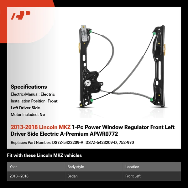 2013-2018 Lincoln MKZ 1-Pc Power Window Regulator Front Left Driver Side Electric A-Premium APWR0772