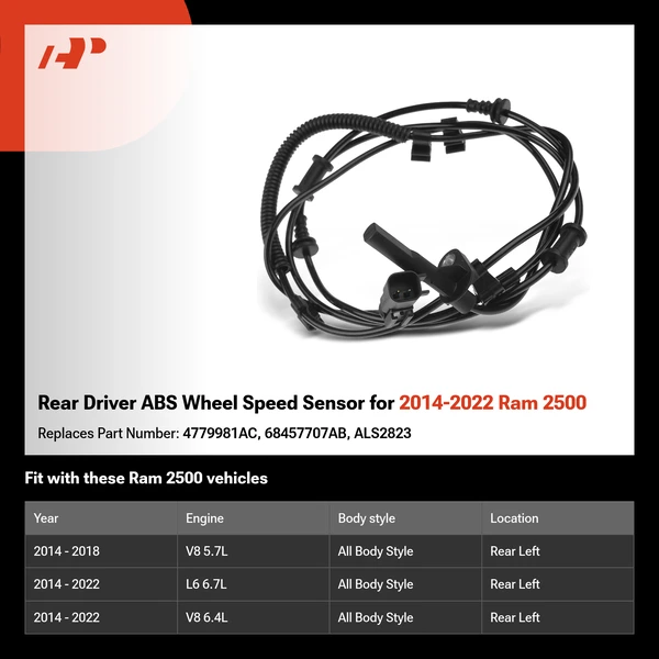 Rear Driver ABS Wheel Speed Sensor for 2014-2022 Ram 2500