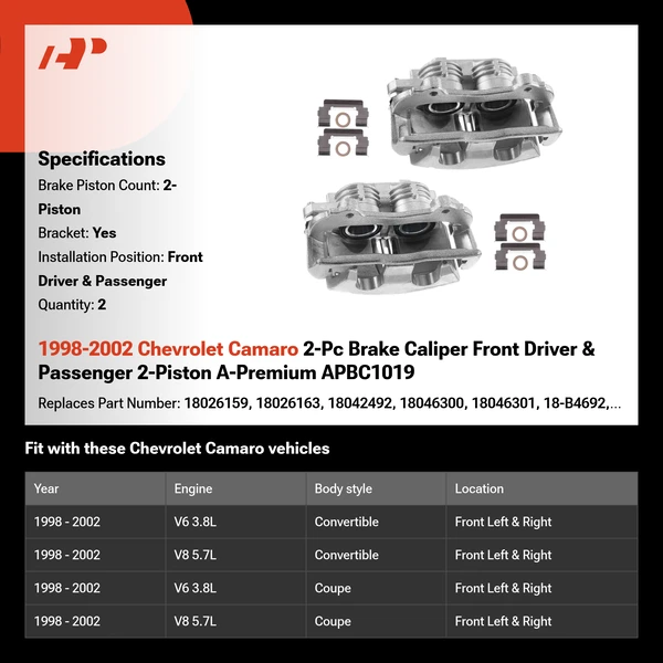 1998-2002 Chevrolet Camaro 2-Pc Brake Caliper Front Driver & Passenger 2-Piston A-Premium APBC1019