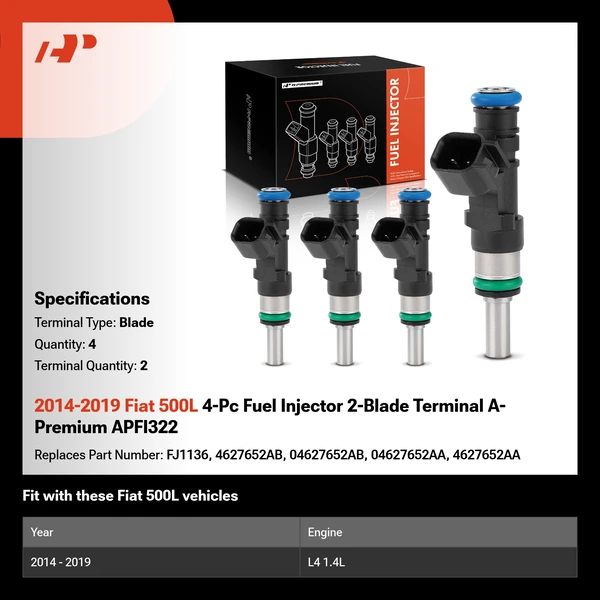 2014-2019 Fiat 500L 4-Pc Fuel Injector 2-Blade Terminal A-Premium APFI322