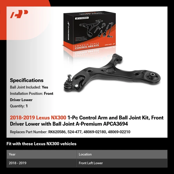 2018-2019 Lexus NX300 1-Pc Control Arm and Ball Joint Kit, Front Driver Lower with Ball Joint A-Premium APCA3694