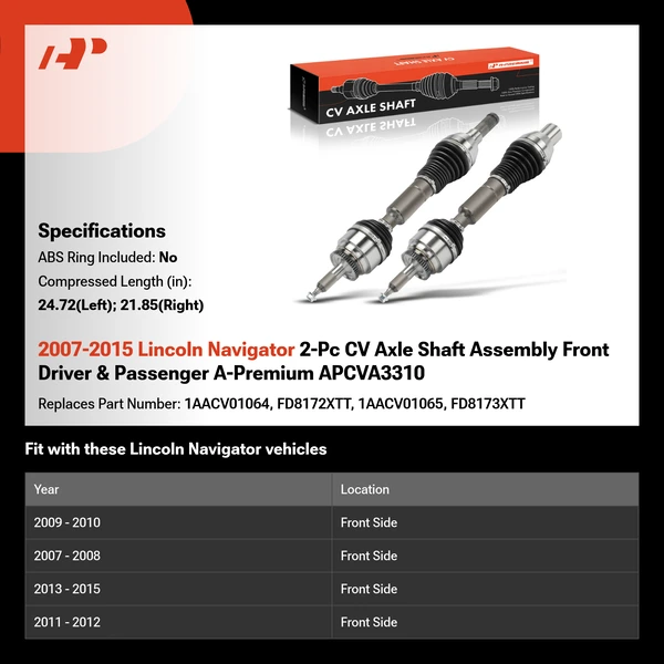 2007-2015 Lincoln Navigator 2-Pc CV Axle Shaft Assembly Front Driver & Passenger A-Premium APCVA3310