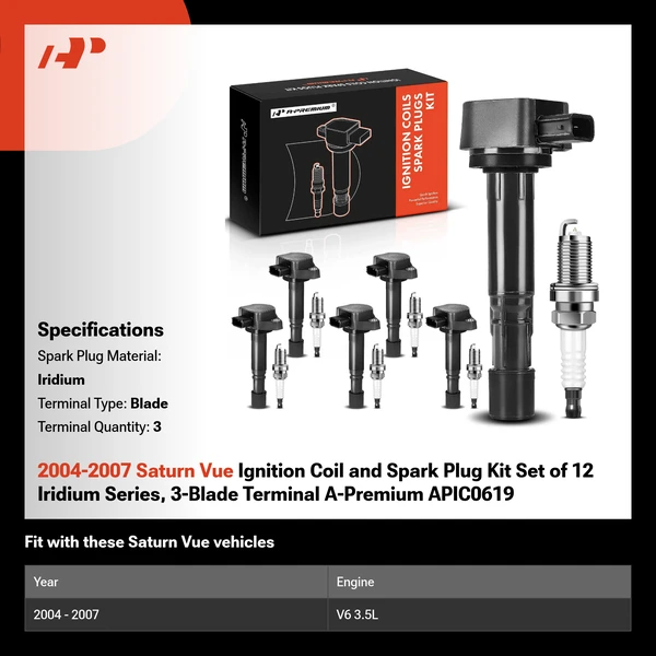 2004-2007 Saturn Vue Ignition Coil and Spark Plug Kit Set of 12 Iridium Series, 3-Blade Terminal A-Premium APIC0619