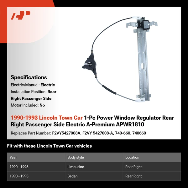 1990-1993 Lincoln Town Car 1-Pc Power Window Regulator Rear Right Passenger Side Electric A-Premium APWR1810