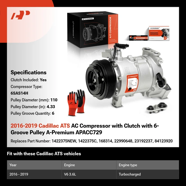 2016-2019 Cadillac ATS AC Compressor with Clutch with 6-Groove Pulley A-Premium APACC729