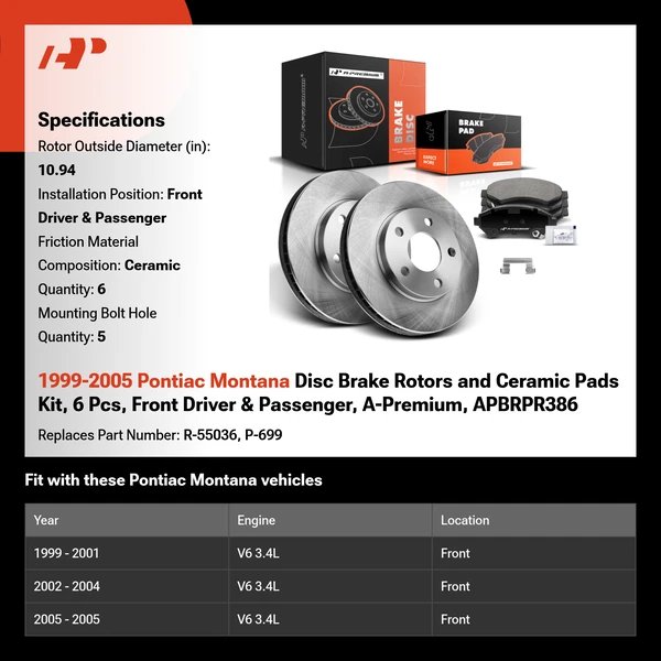 1999-2005 Pontiac Montana Disc Brake Rotors and Ceramic Pads Kit, 6 Pcs, Front Driver & Passenger, A-Premium, APBRPR386