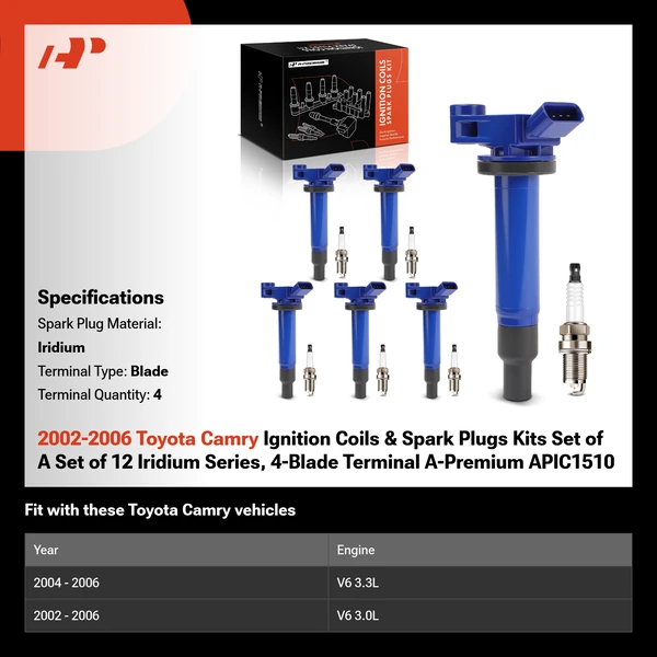 2002-2006 Toyota Camry Ignition Coils & Spark Plugs Kits Set of A Set of 12 Iridium Series, 4-Blade Terminal A-Premium APIC1510