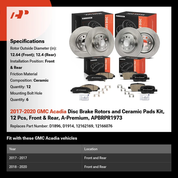 2017-2020 GMC Acadia Disc Brake Rotors and Ceramic Pads Kit, 12 Pcs, Front & Rear, A-Premium, APBRPR1973