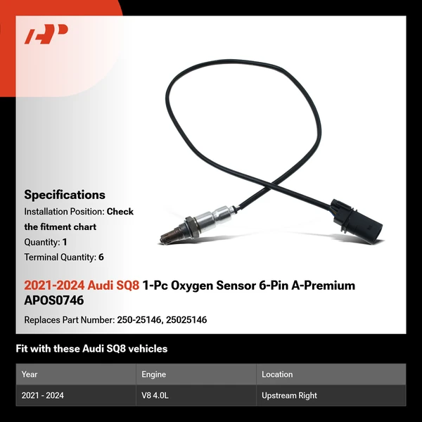 2021-2024 Audi SQ8 1-Pc Oxygen Sensor 6-Pin A-Premium APOS0746