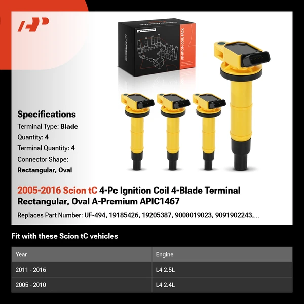 2005-2016 Scion tC 4-Pc Ignition Coil 4-Blade Terminal Rectangular, Oval A-Premium APIC1467