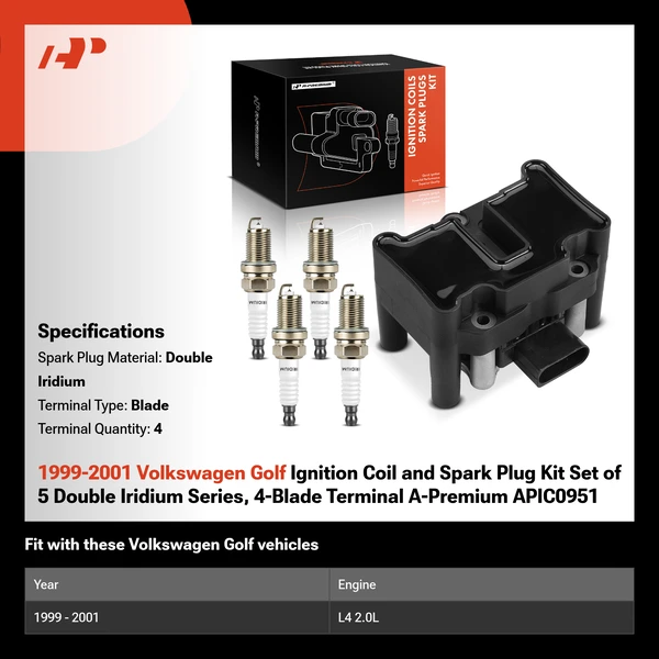 1999-2001 Volkswagen Golf Ignition Coil and Spark Plug Kit Set of 5 Double Iridium Series, 4-Blade Terminal A-Premium APIC0951