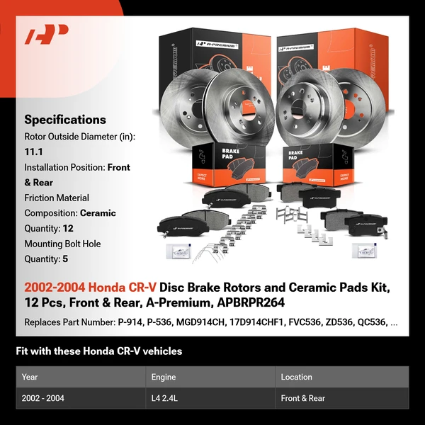 2002-2004 Honda CR-V Disc Brake Rotors and Ceramic Pads Kit, 12 Pcs, Front & Rear, A-Premium, APBRPR264