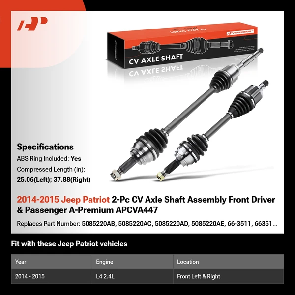 2014-2015 Jeep Patriot 2-Pc CV Axle Shaft Assembly Front Driver & Passenger A-Premium APCVA447