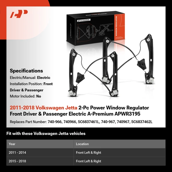 2011-2018 Volkswagen Jetta 2-Pc Power Window Regulator Front Driver & Passenger Electric A-Premium APWR3195