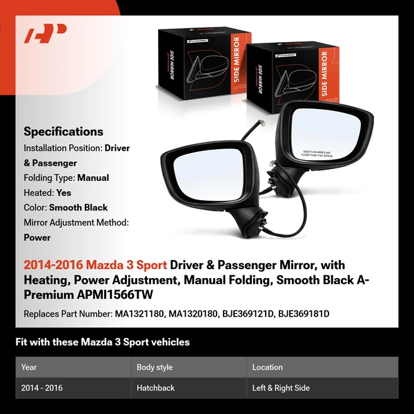 2014-2016 Mazda 3 Sport Driver & Passenger Mirror, with Heating, Power Adjustment, Manual Folding, Smooth Black A-Premium APMI1566TW