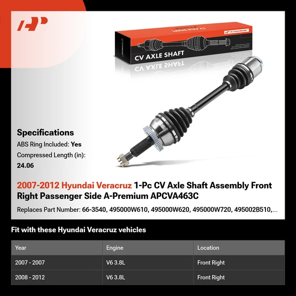 2007-2012 Hyundai Veracruz 1-Pc CV Axle Shaft Assembly Front Right Passenger Side A-Premium APCVA463C