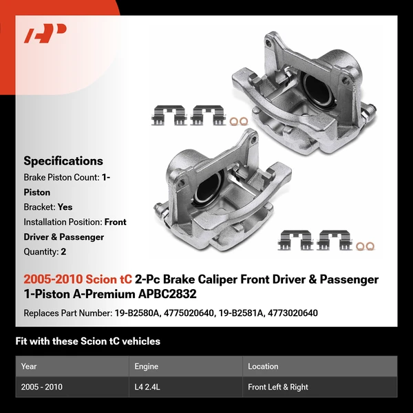 2005-2010 Scion tC 2-Pc Brake Caliper Front Driver & Passenger 1-Piston A-Premium APBC2832