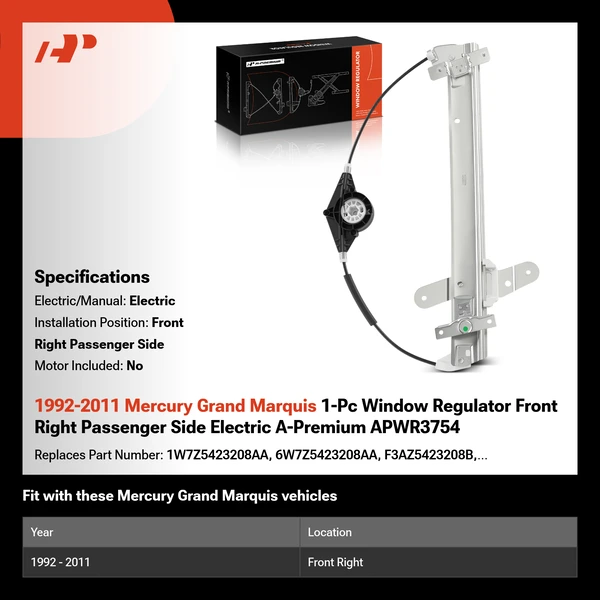 1992-2011 Mercury Grand Marquis 1-Pc Window Regulator Front Right Passenger Side Electric A-Premium APWR3754