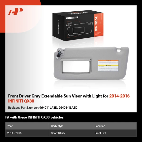 Front Driver Gray Extendable Sun Visor with Light for 2014-2016 INFINITI QX80