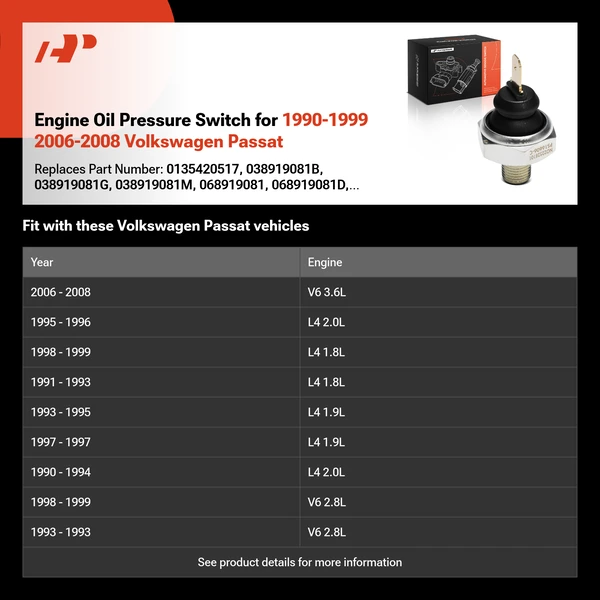 Engine Oil Pressure Switch for 1990-1999 2006-2008 Volkswagen Passat