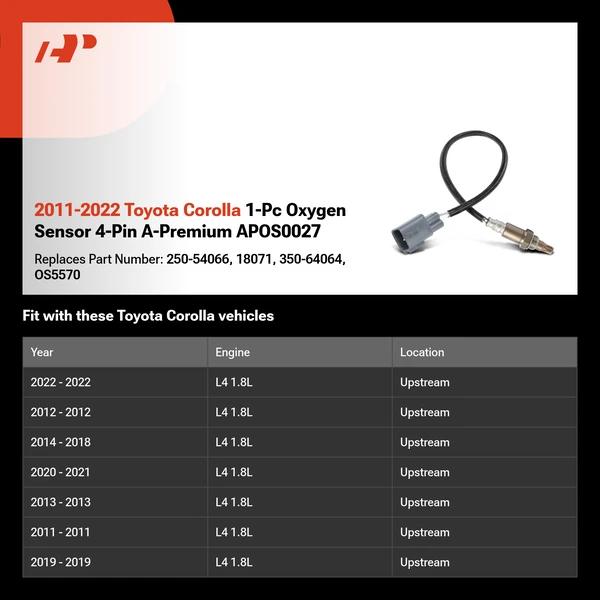 2011-2022 Toyota Corolla 1-Pc Oxygen Sensor 4-Pin A-Premium APOS0027