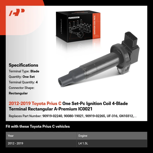 2012-2019 Toyota Prius C One Set-Pc Ignition Coil 4-Blade Terminal Rectangular A-Premium IC0021