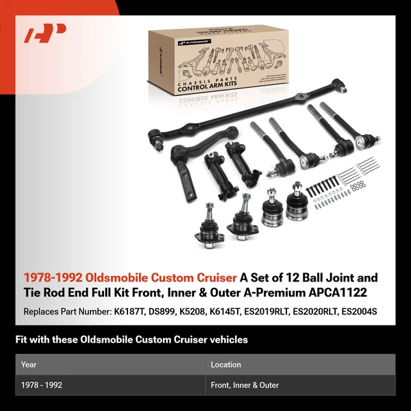 1978-1992 Oldsmobile Custom Cruiser A Set of 12 Ball Joint and Tie Rod End Full Kit Front, Inner & Outer A-Premium APCA1122