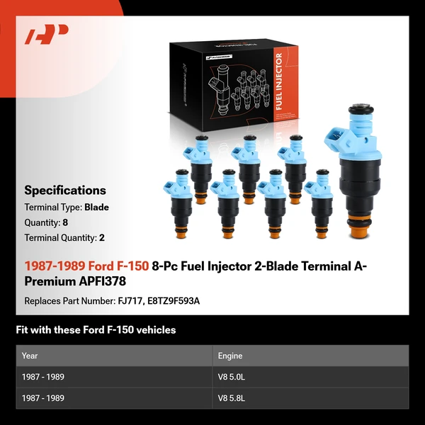 1987-1989 Ford F-150 8-Pc Fuel Injector 2-Blade Terminal A-Premium APFI378