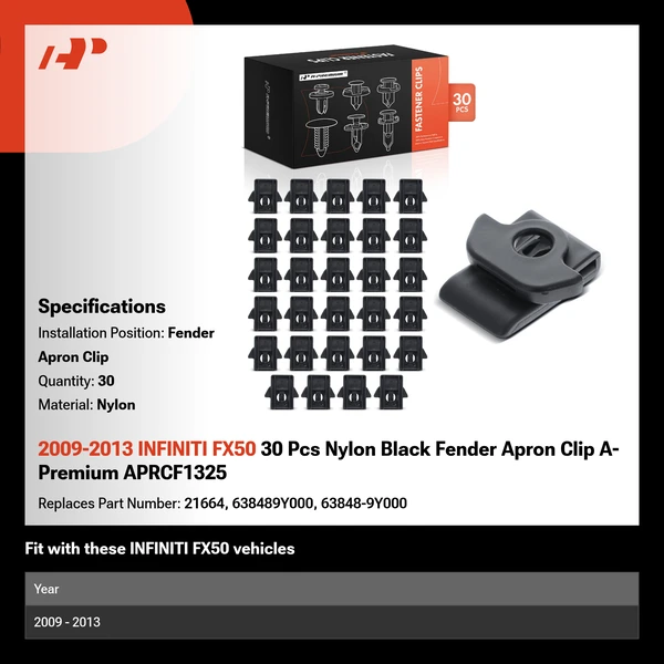 2009-2013 INFINITI FX50 30 Pcs Nylon Black Fender Apron Clip A-Premium APRCF1325