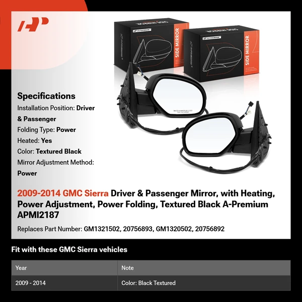2009-2014 GMC Sierra Driver & Passenger Mirror, with Heating, Power Adjustment, Power Folding, Textured Black A-Premium APMI2187